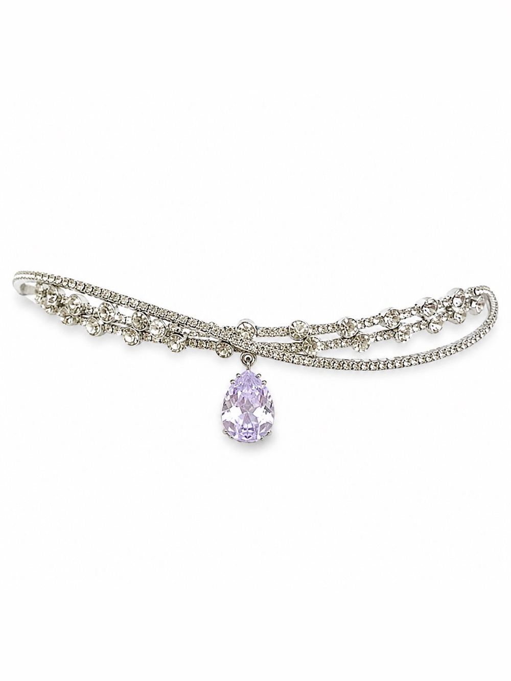 Silver Rhinestone Choker Necklace with Lavender Teardrop Crystal Pendant